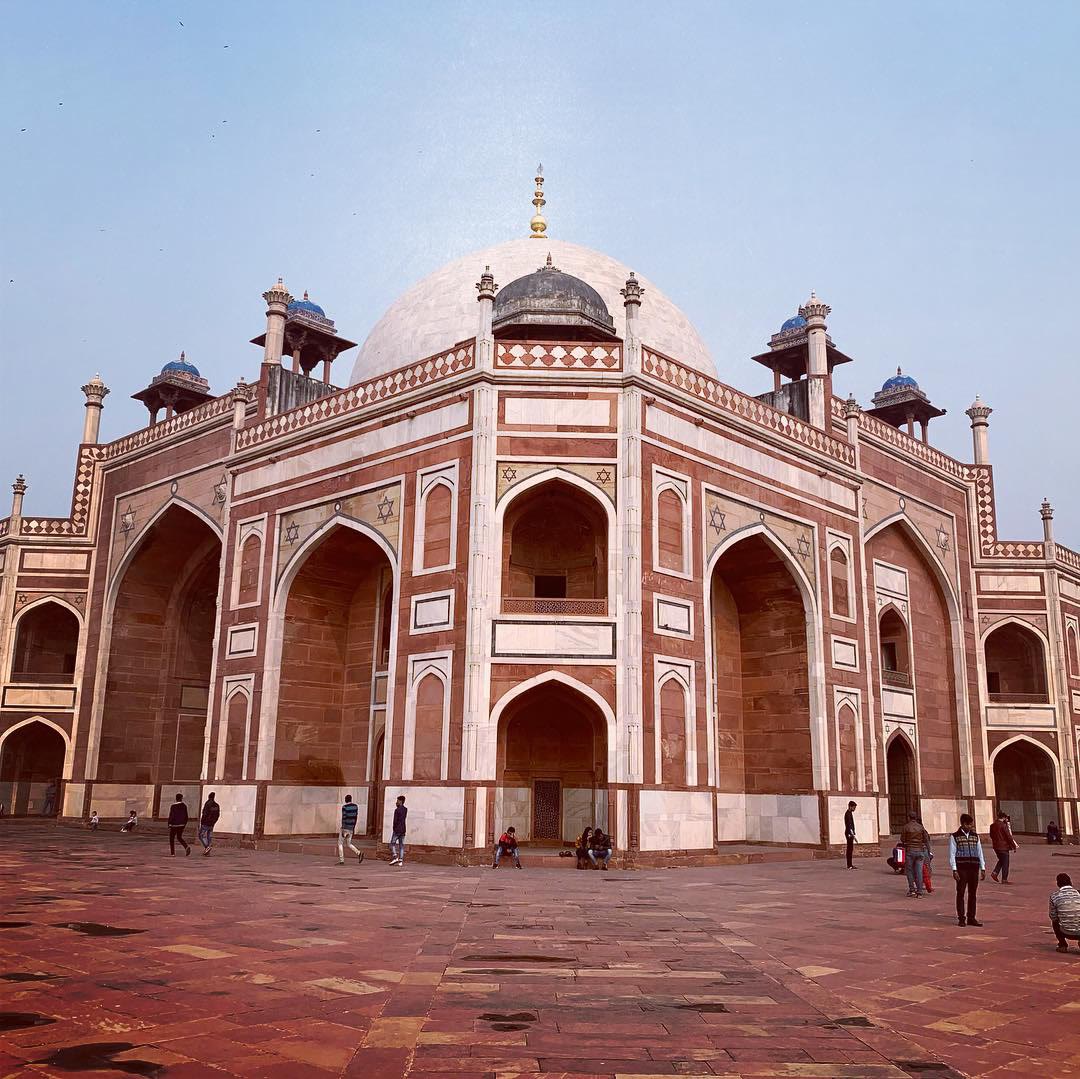 The red sandstone and marble façade of Humayun's Tomb in Delhi