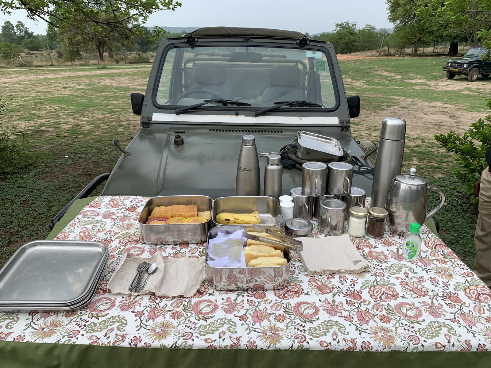 Breakfast laid out on the bonnet of a safari jeep in the forest near Pench