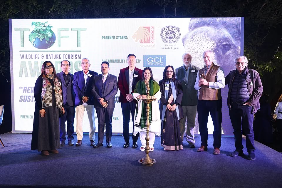 Vishal Singh, Julian Matthews and fellow guests at the lamp-lighting that opened the 8th TOFTigers Wildlife & Nature Tourism Awards, Bikaner House, New Delhi, December 2025