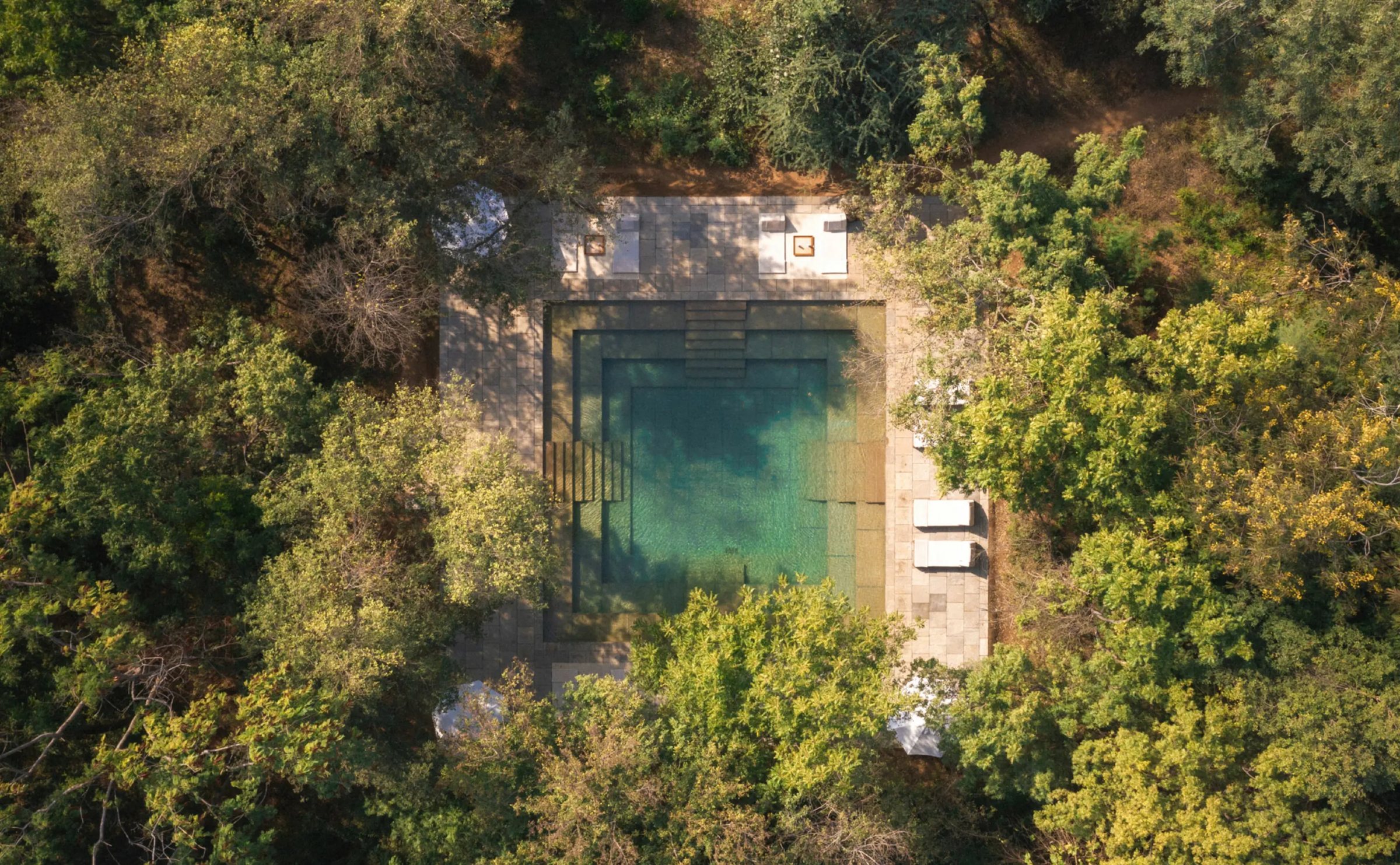 The pool at Aman-i-Khás seen from above, surrounded by trees