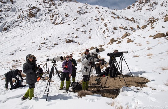 Spotters with scopes scanning a snowy valley in Ladakh