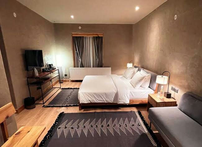 Room at Chospa Hotel, Leh, with earth-plastered walls and Ladakhi rugs