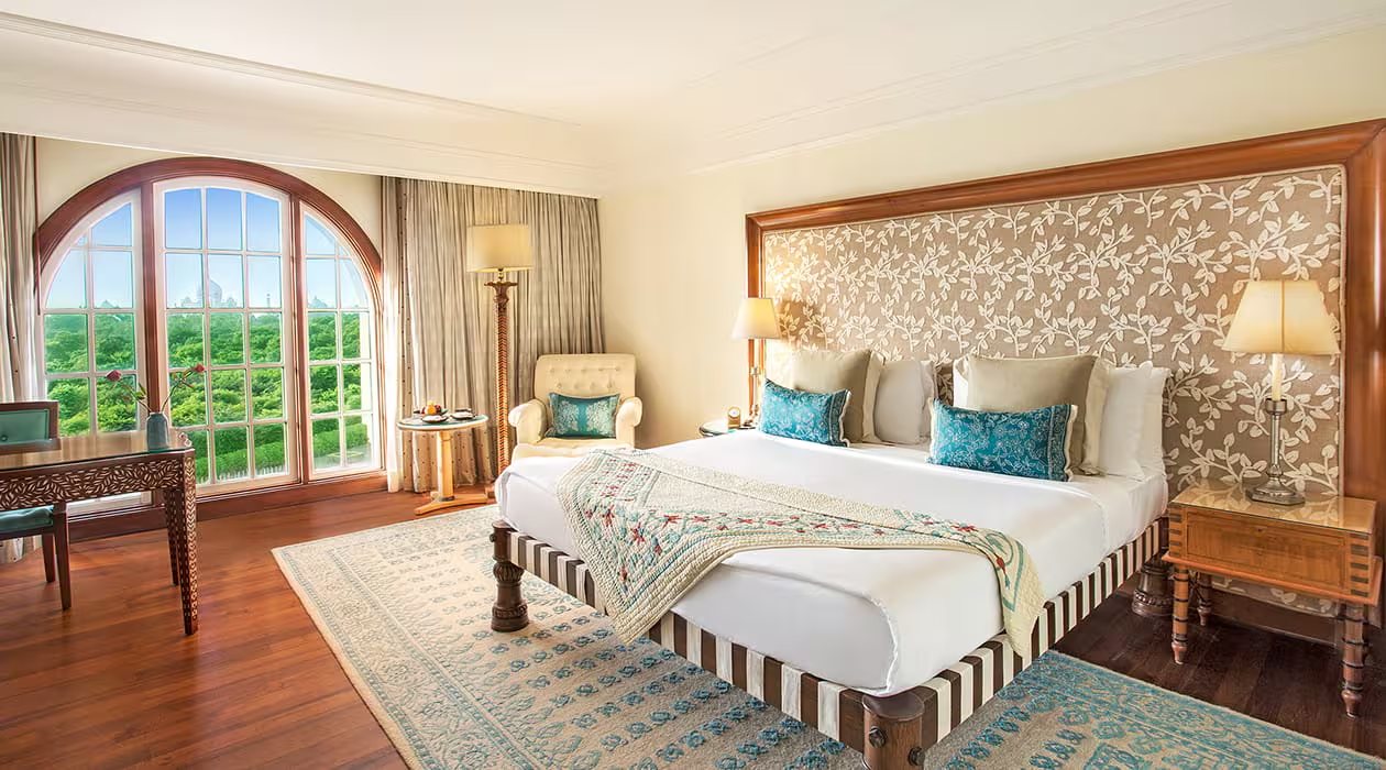 A premier room at The Oberoi Amarvilas, Agra, with arched windows