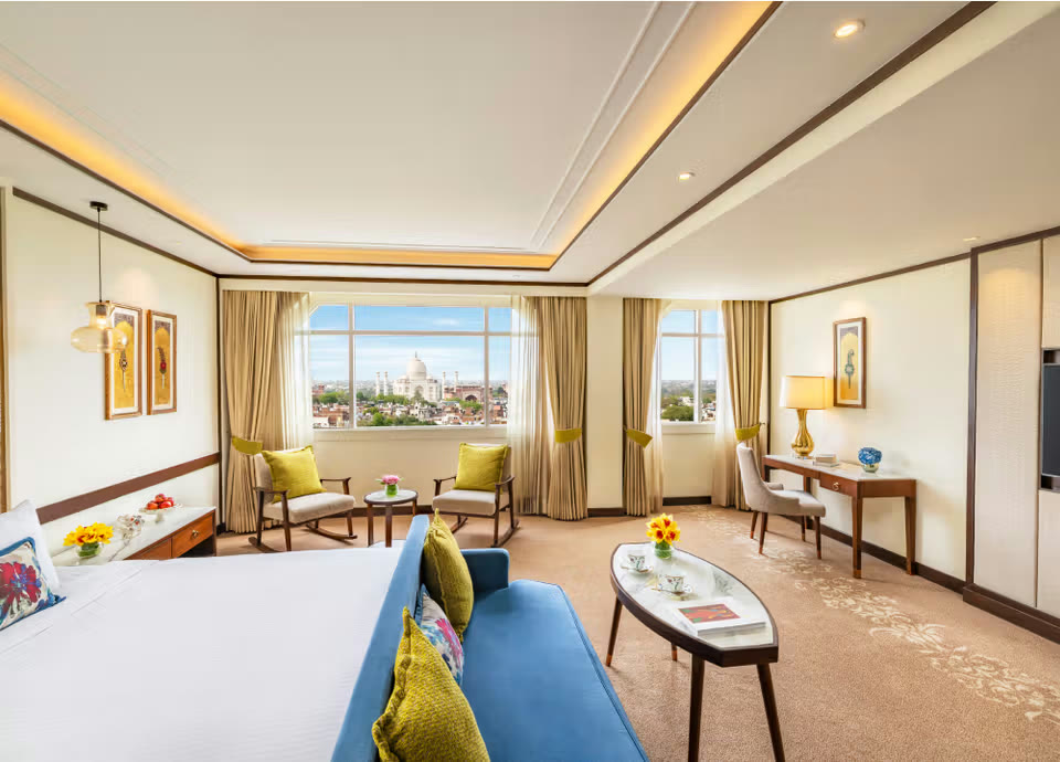 Room at Tajview, Agra, with the Taj Mahal framed in the window