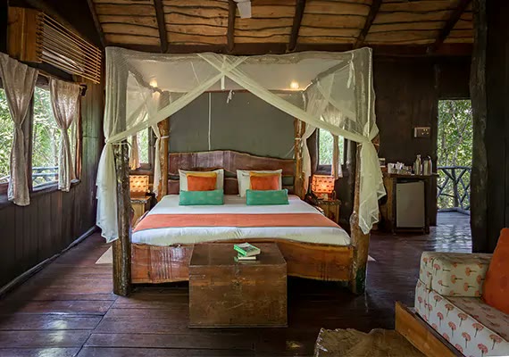 Treehouse room at Treehouse Hideaway, Bandhavgarh, with a four-poster bed and mosquito net